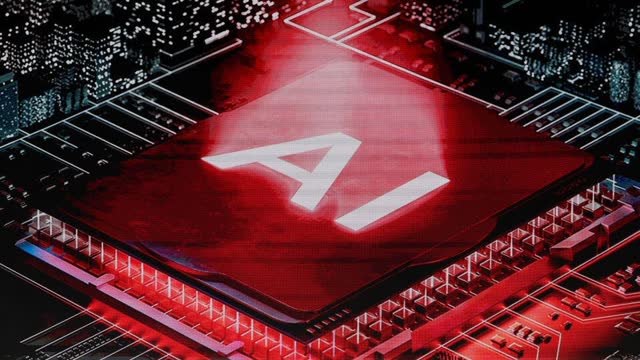 Illustration of a computer chip marked AI