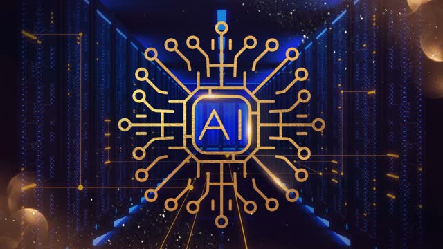 Illustration of a computer chip marked AI in a data centre