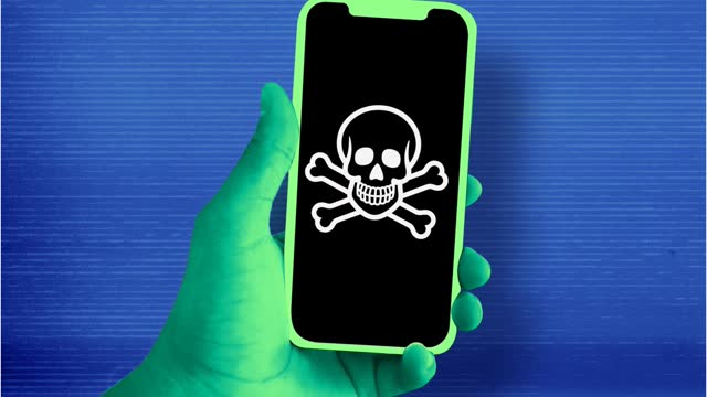 Illustration of a hand holding a phone that shows a skull and crossbones