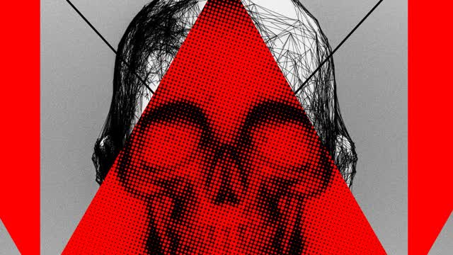 Halftone illustration of a skull inside a red triangle